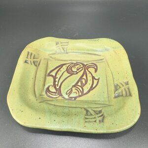 Vintage Hand Made Studio Art Pottery Dish Plate With Fish Pattern Green Signed